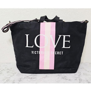 Victorias Secret Large LOVE Overnight Student Tote Bag Black Pink White w Strap